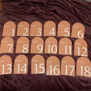Terracota painted arched acrylic table numbers 1-18 with 15 acrylic holders